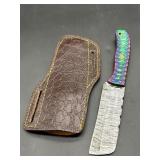Damascus steel cleaver style fixed blade knife wit