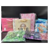 Mystery log of party supplies, gift bags, wrapping