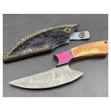 Custom Damascus fixed blade hunting knife with she