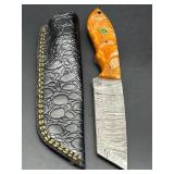 Damascus Steel Cowboy Bull Cutter Knife, Orange/Ye