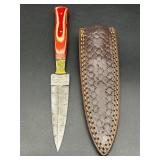 Damascus Steel Knife with Sheath, Multi-Colored Re