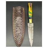 Damascus Steel Knife with Sheath, Multi-Colored Pu
