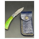 Damascus Steel Foldable Pocket Knife, Green & Yell