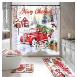 Red Truck Christmas Shower Curtain Set with Rugs &