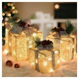 Set of 3 Christmas Lighted Gift Boxes, Warm White