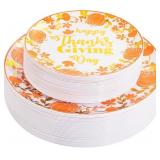 60PCS Orange Thanksgiving Plastic Plates White Gol