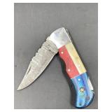 DAMASCUS ~~ Texas flag-themed Damascus steel foldi