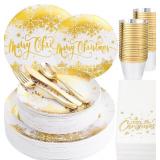 175Pcs Christmas Gold Plastic Dinnerware Set, 50Pc