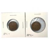 (2) 1871 Bold N Indian Head Pennies.