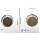 (2) 1869 Indian Head Pennies.