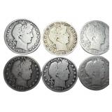 $3.00 face, (6) Barber Silver Half Dollars.