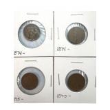 (2) 1874 and (2) 1875 Indian Head Pennies,