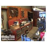 Red Work Bench Full of Contents, Bench Grinder,