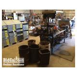 Work Bench, Drill Press, Assorted Garbage Cans, an