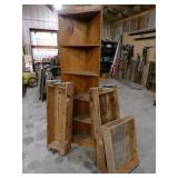 Wooden corner shelving unit, wooden crates