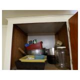 Contents of Cabinet - glass jar, pans, light bulbs
