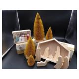 Wooden Nativity Set, S/4 Gold Brush Trees,