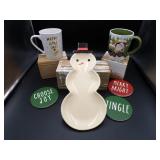 Holiday Mugs, Snowman Treat Plate, Coasters