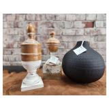 Black Metal Vase, Wooden Finials
