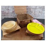 Picnic basket with wooden dividers, plate baskets,