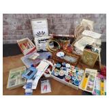 Sewing supplies, calligraphy pens, buttons,