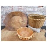Wooden dough bowl, baskets