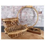 Woven baskets, vintage wooden tray, wooden