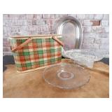 Mid-century Picnic basket, glass serving trays