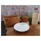 Enamelware bowl, Berry Cartons, woven basket