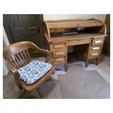 Oak Roll Top Desk and Chair