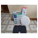 Elevated toilet seat, plumbing/water lines, chair