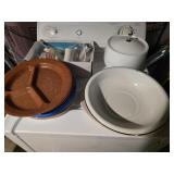 Enamelware bowl, ice bucket, cookie presses,
