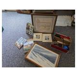 Wall art, books, vanity items, sewing stool