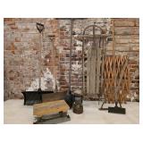 Wooden sleigh, table mate, vintage oil lantern,