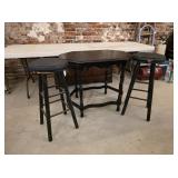 Black accent table, wooden stools