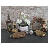 Vases, planter, baskets, wooden lantern, grapevine