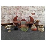 MCM wall shelf, vases, table decor