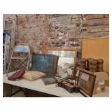 Wall mirror, vintage metal fan, wooden folding