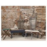 Americana decor benches, wooden lanterns,