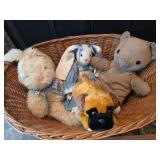 Vintage Plush Animals in Wicker Basket