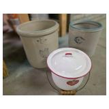 Stoneware Crock Set & Enamelware Pail