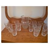 Vintage Clear Glass Pitcher & 11