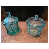 Two Vintage Blue Pressed Glass Jars