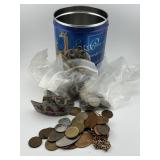 Selection of Coins in Vintage Tin Bank