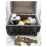 Huge Selection of Coins in Wood Decorative Box