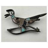 Vintage Singed Stone Inlay Silver Bird Pin