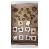 Box of Tokens,Coins,Gold Pins,Medallions-See Pics