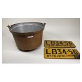 2 Early 50s License Plates and Copper Kettle