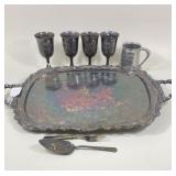 Vintage Silver Plate Serving Tray-Goblets-Utensils
