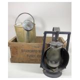 Wooden Crate with Early Lantern and Tin Water Can